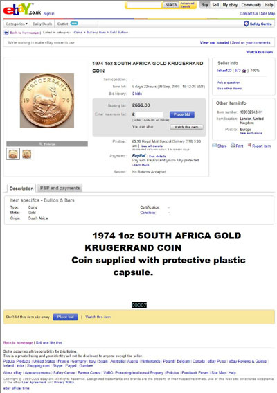 ishar123 eBay Listing Using our 1974 Krugerrand Photographs
